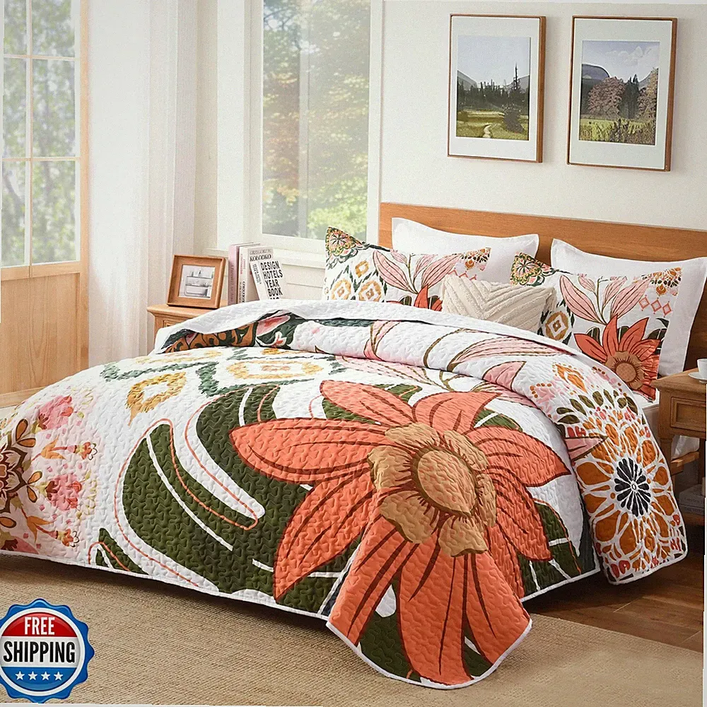 Andency Floral Boho California King Quilt Bedding Set Pink, 3 Pieces Farmhous...