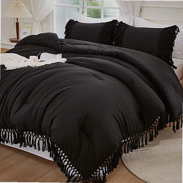Black Comforter Set California King, 3 Pieces Boho Tassel Lightweight Soft Beddi