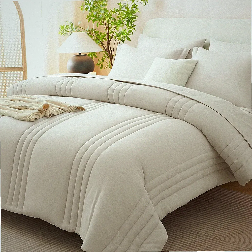 California King 7-Piece Comforter Set Beige Bed in a Bag Soft Bedding Cal King