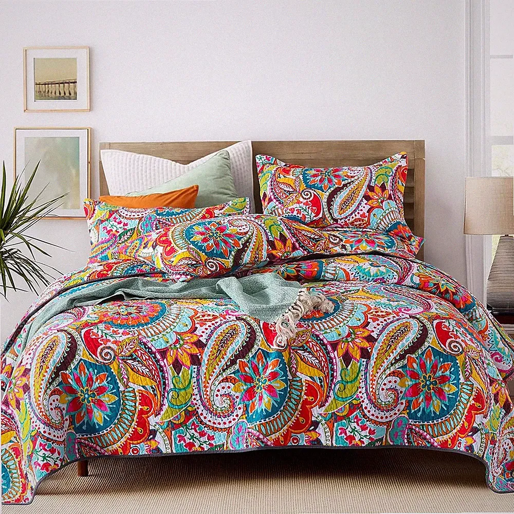 California King Bedding Set 3 Piece, 1 Quilt, 2 Pillow Sham, Boho Paisley Cotton