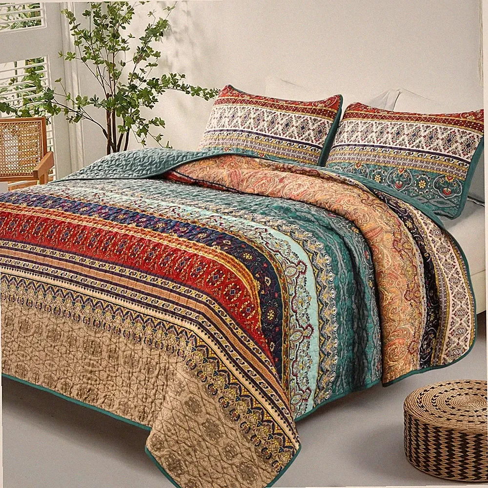 California King Boho Quilt Set - Green/Brown Striped Pattern