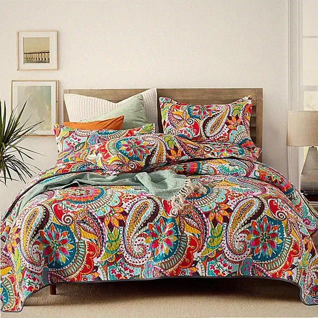 Cotton Quilt Set, Queen Size, Multicolor Paisley, Boho Style, Soft