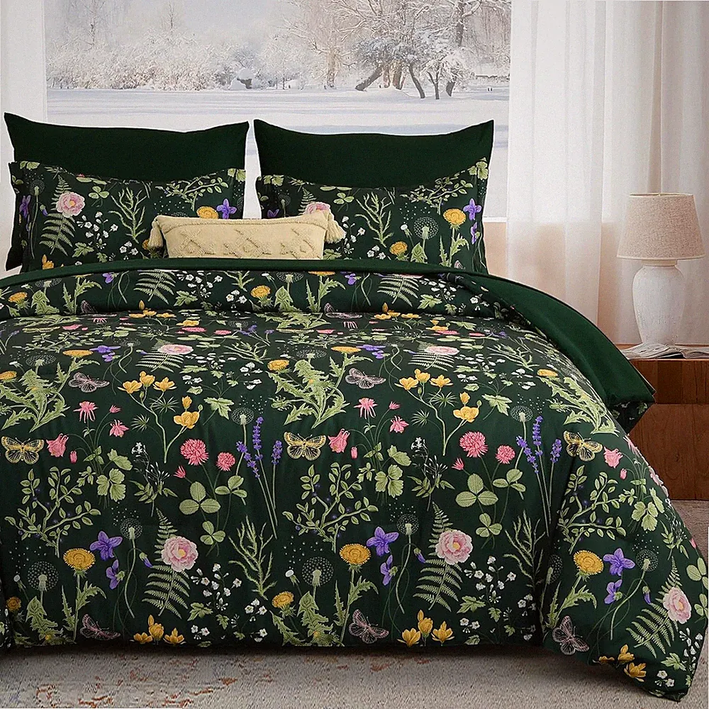 Dark Green California King Floral Comforter Set, 7 Piece Bedding Set