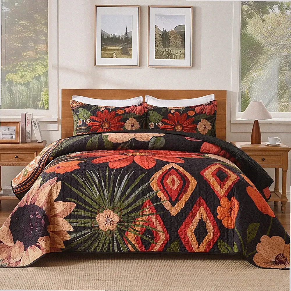 Floral Boho California King Quilt Bedding Set Black, 3 Pieces Farmhouse Flower B