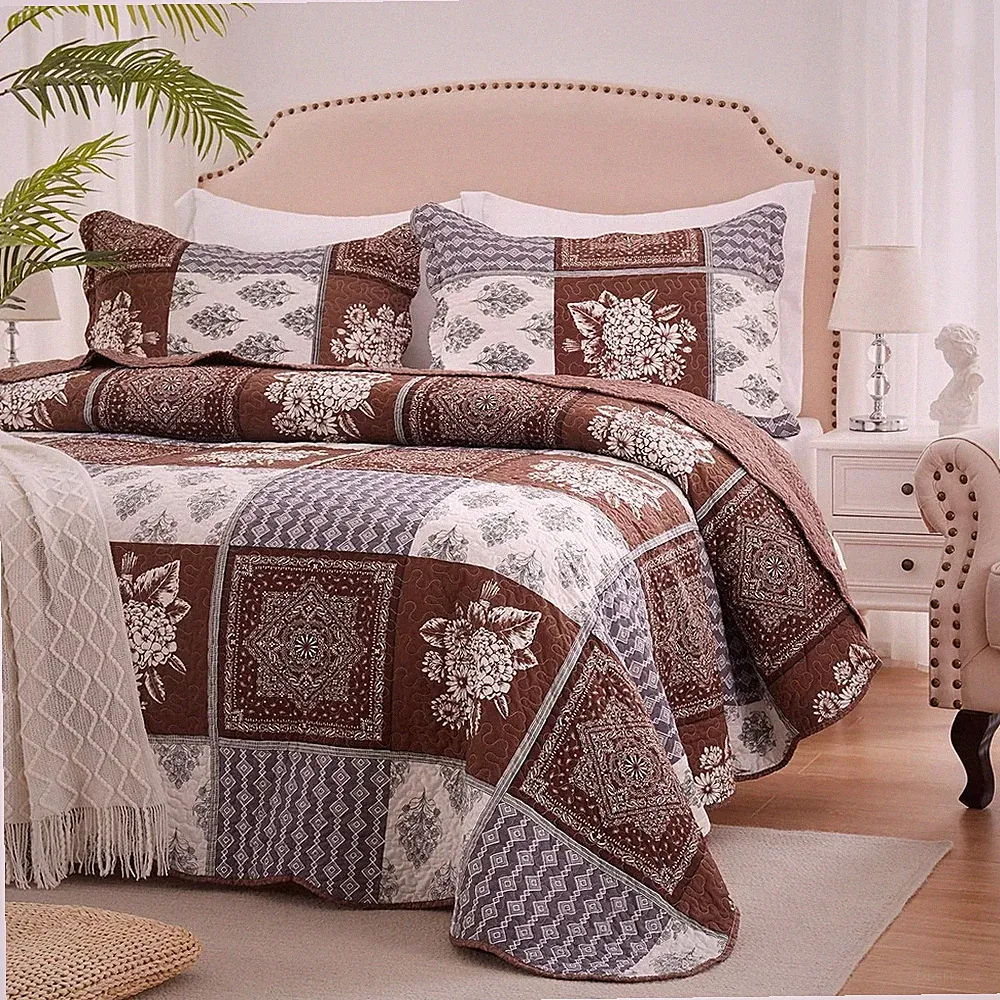 LEAONME 3 Pieces California King Size Quilt Set Brown Oversized 120x120 NEW