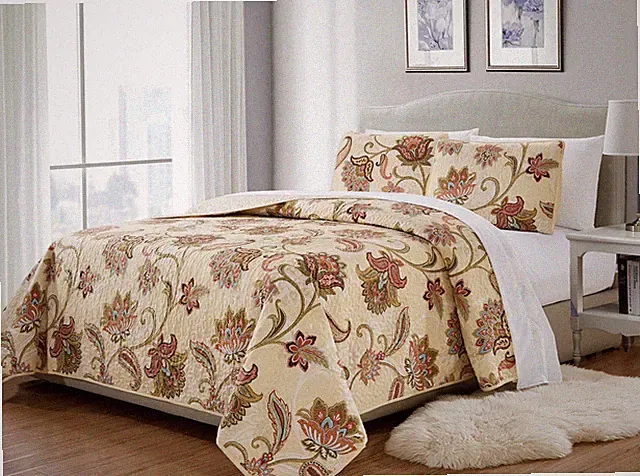 MK Home 3pc King/California King Bedspread Quilted Print Floral Beige Red Blu...