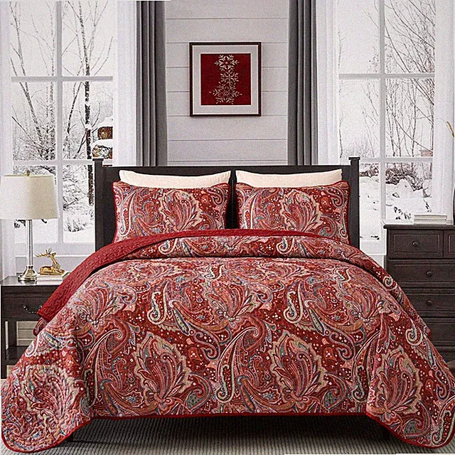 Red Paisley Quilt Set California King Boho Bedspread 3 Pieces, Soft Lightweig...