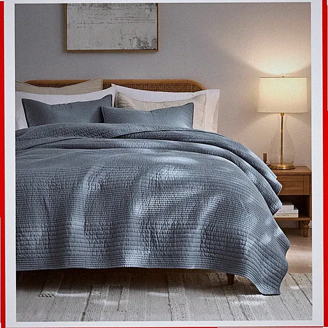 Striped Blue Grey 100% Cotton Quilt California Cal King Size Bedding Sets, Ov...