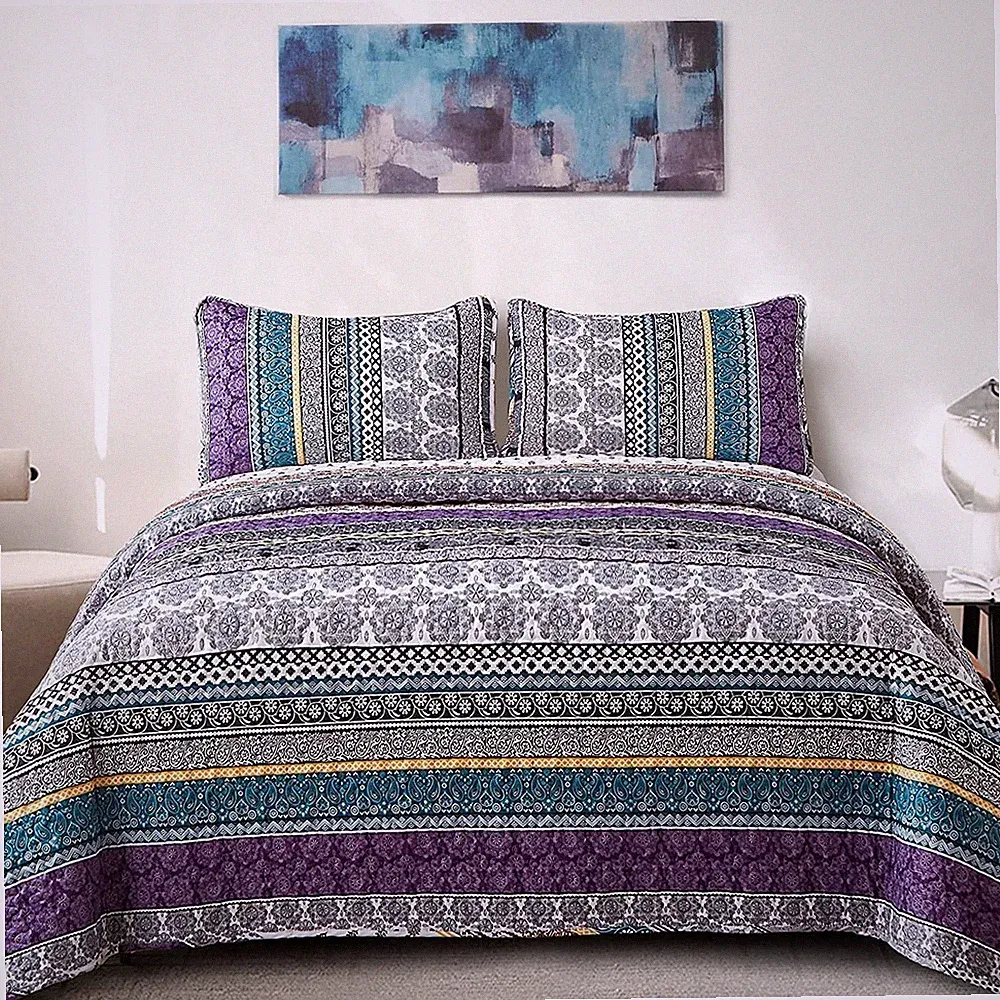 WONGS BEDDING Boho Quilt Set California King Size, King, Purple
