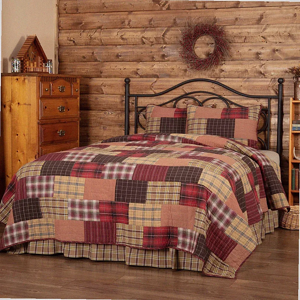 Wyatt California King QUILT Hand Quilted Cotton Block Patchwork Red Khaki Green